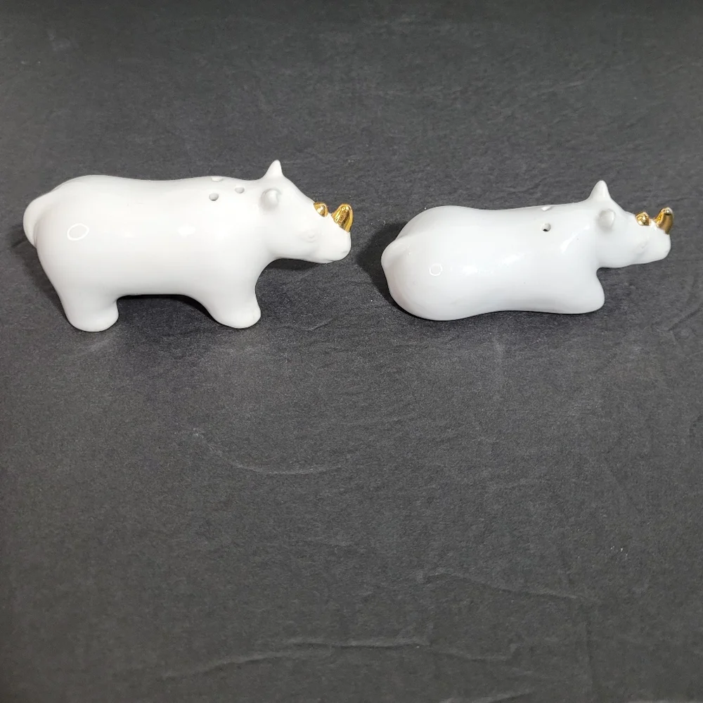 White Rhinoceros Salt & Pepper Shakers Set with Golden Horns